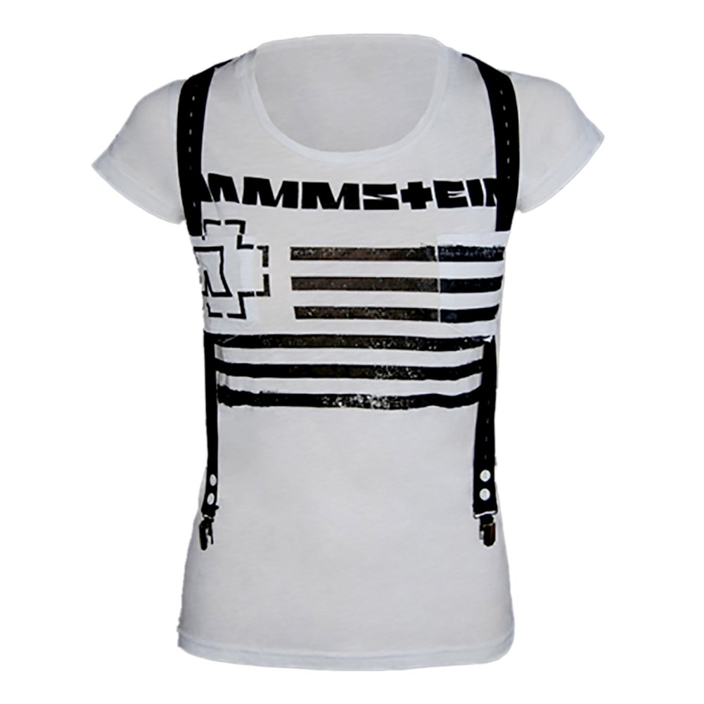 Rammstein Damen T-Shirt Suspender Offizielles Band Merchandise Fan Shirt weiß mit schwarzem Front und Back Print