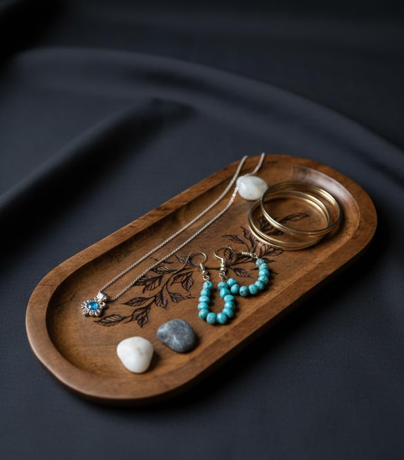 Image of Wooden Jewelry Tray, Oval Shape, L x B x H = 10 x 5 x 0.5 Inch Floral Design, Natural Wood Finish, Organizer for Rings, Necklaces, Earrings And Snacks Serving (Leaf 1)