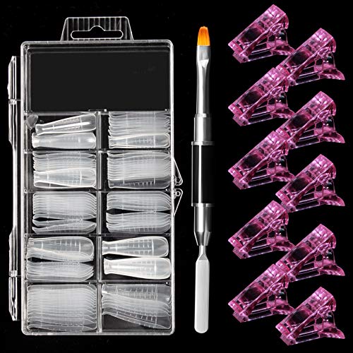 AORAEM Coffin Dual Forms Kit,100Pcs Acrylic Nail Molds with 10Pcs Pink Nail Clip and Dual-Ended Nail Brush for DIY Nail Art (#2)