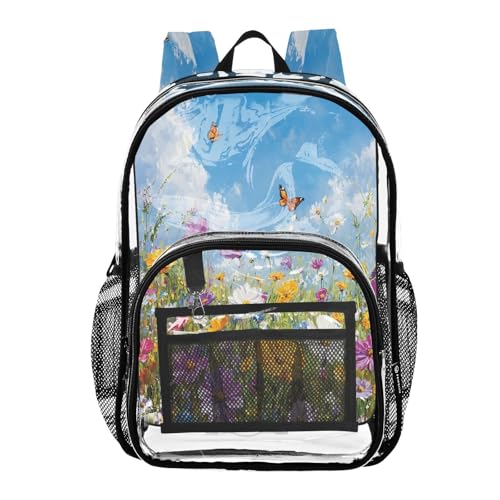 Colorful Beautiful Wildflowers Clear Backpack - Stadium Approved Large 15.7-inch Waterproof Transparent Bag for Sports, Concerts, Work, Travel#266