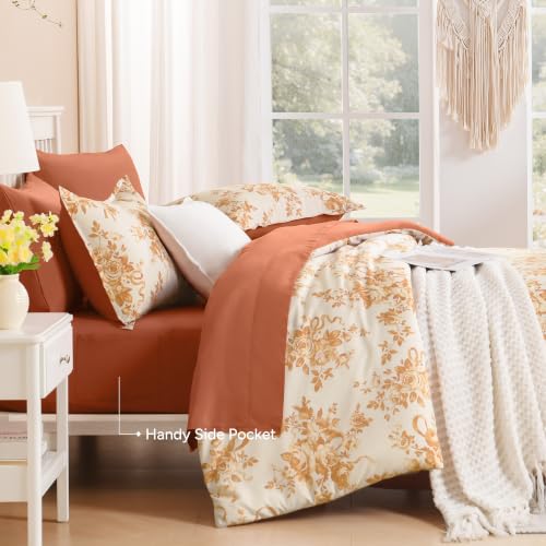 Image of Andency Floral Comforter Full Set, 7 Pieces Orange Rose Flower Bedding Set