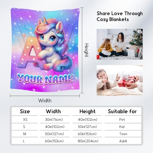Unicorn Blanket for Kids - Personalized Girls Blankets with Name - Custom Monogram Gift for Children - Soft Flannel Initial Throw for Couch, Bed