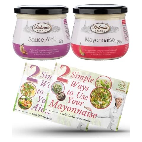 Delouis France Mayonnaise and Aioli Bundle (250g x 2) with Card Recipes | Made with Gluten Free Ingredients, Free-Range Eggs, and Free from Sugar | Ideal for Vegetarians and Low-Carb, Sugar-Free Diets Cover