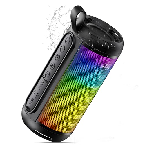 Brelley Bluetooth Lautsprecher, Musikbox mit HD-Sound, BT6.0, IPX5, Dualen Bass-Treibern, RGB Lichter, USB, AUX, TF Karte, 20H Akku, für Party, Outdoor, Reisen, Geburtstagsgeschenk