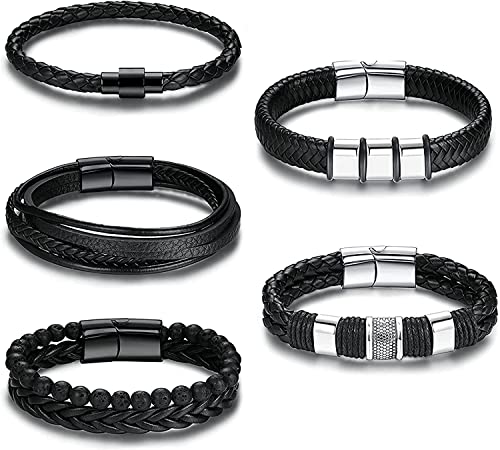 Adramata 5 Stück Geflochtene Lederarmbänder für Männer Vintage Schwarzes Armband Leder Geflochtene Manschettenarmbänder Herren Schmuck Geschenk Cover