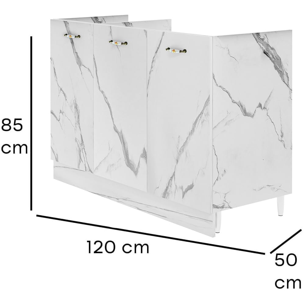 Shally Dogan Mobile Sottolavello per Cucina 3 Ante componibile Mobiletto base da 80 per Lavello (Marmo, 120 x 50 x 85 cm)