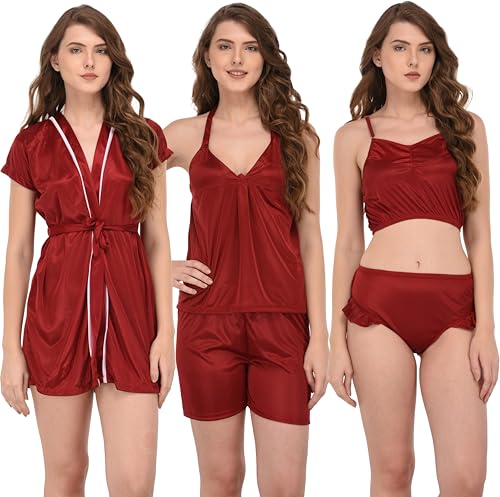Image of Solid Satin 5 Piece Nightwear /Nighty Set | Attractive & Stylish | (1 Robe,1 Top & Shorts, 1 Bra and Panty Set) for Women