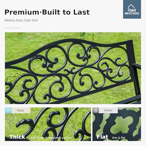 image for MFSTUDIO 50 Inches Outdoor Garden Bench, Cast Iron Metal Frame Patio P