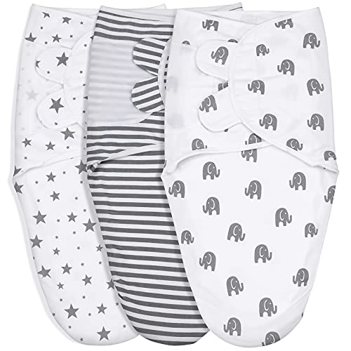 Image of GLLQUEN BABY Organic Swaddle Blankets for Baby Boy Girl, Gray Elephant Star & Stripe, 3 Pack Wrap Set, Newborn Adjustable Swaddles Sleep Sack, 0-3 Months (Small/Medium)