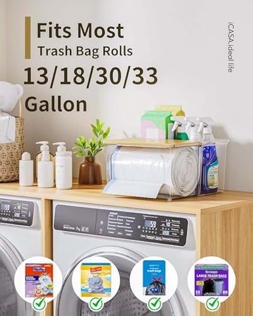 2 in 1 Trash Bag Dispenser Holder - Clear Acrylic Plastic Garbage Bags Container Tissue Box with Bamboo Lid Large Under Sink Organizer Kitchen Pantry Shelf Laundry Room Organization and Storage