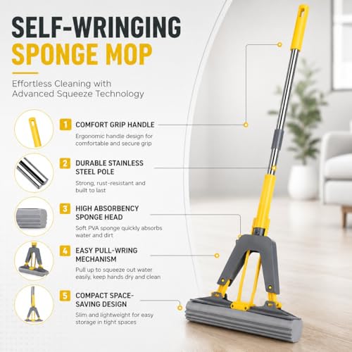 Image of Self Wring Butterfly Sponge Mop for Floor Cleaning | Self Wringing PVA Sponge Mop with Stainless Steel Handle | High Water Absorption | Wet & Dry Cleaning - Kitchen, Bathroom & Tiles