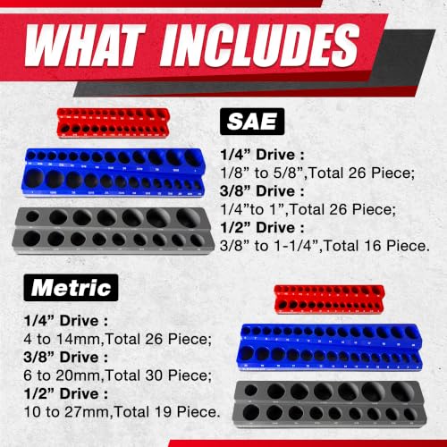 Image of EACELIY Magnetic Socket Organizer Set SAE & Metric Deep & Shallow Socket Holder Kit, Socket Trays (sockets not included) (6PCS 3 COLOR))