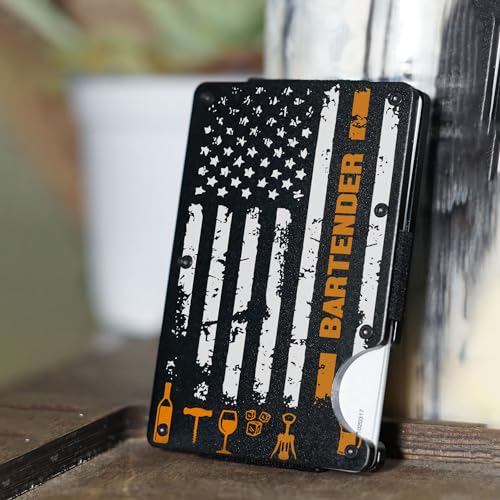Slim Wallet With Money Clip, Bartender American Flag Wallet Minimalist Blocking Credit Card Holder, Custom Name Bartender US Flag Wallet, Gift To Bartender, Gift On Birthday, Black, MW0012