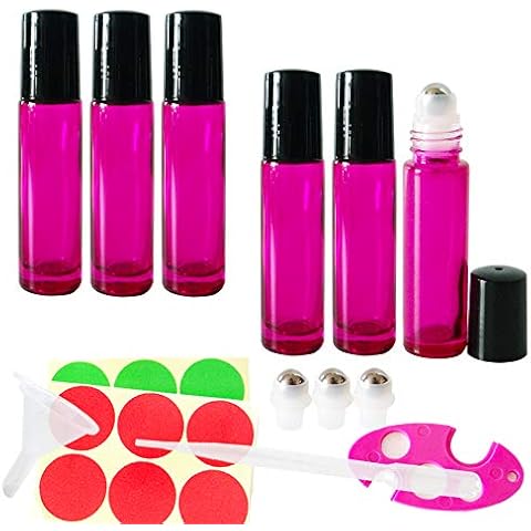 GreatforU 6x 10ml Empty Rose Red Glass Roll-on Bottles with Stainless Steel Roller Balls for Essential Oil w/free 3ml Dropper, Mini Funnel, Bottle Opener, Extra 3 Roller Bolls, 12 Pieces Labels Cover