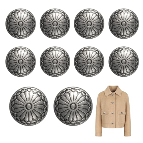 YAFIYGI 10Pcs Silver Buttons Metal Shank Western Button Set Big Decorative Fancy Clothing Buttons for Sewing Jackets Blazers Vintage Clothes Toggle Botones Unique Metalic DIY 0.9in