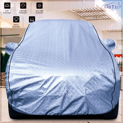 Image of FABTEC Metallic Silver Waterproof Car Body Cover for Maruti Baleno New (2022-25) Sun, UV and Dust Protection with Mirror and Antenna Pocket (Reflective Silver with Black Piping)