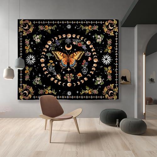 Honcet Boho Moth Butterfly Floral Wall Tapestry For Bedroom, Botanical Moon Phase Flower Decor Witchy Tapestries thumb #2