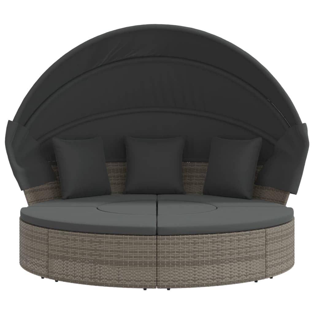 Lettino lounge per esterni con tetto e cuscino, grigio, in polyrattan, isola solare, resistente alle intemperie, con imbottitura e protezione solare, per terrazza, balcone, piscina, isola