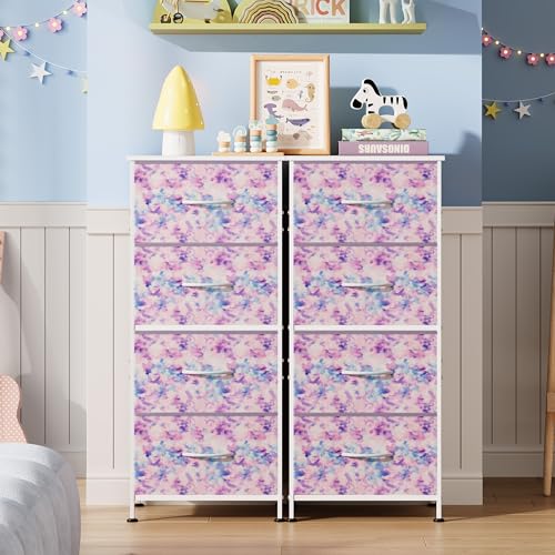 Image of WLIVE Dresser with 4 Drawers, Storage Tower, Organizer Unit, Fabric Dresser for Bedroom, Hallway, Entryway, Closets, Sturdy Steel Frame, Wood Top, Easy Pull Handle, Tie-dye Print (Pink, Purple, Blue)