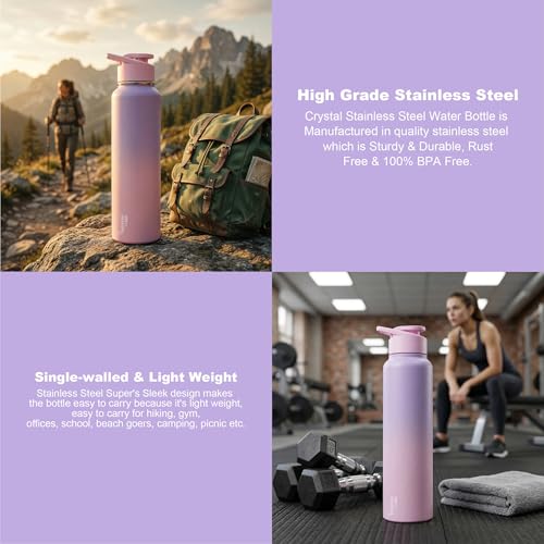 Image of Crystal Aqua 1000 Stainless Steel Water Bottle, Leakproof Lid, Single Walled, ISI Certified I For School, Office, Gym I Purple & Pink | Pack of 2