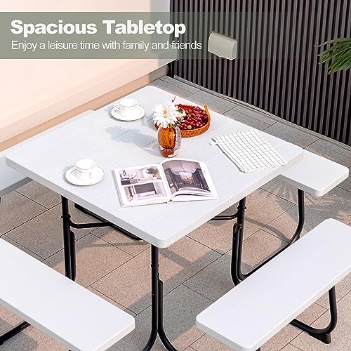 Image of Tangkula 8 Person Picnic Table, Outdoor Square Picnic Table with 4 Built-in Benches, Umbrella Hole, Metal Frame & HDPE Tabletop, Outside Table and Bench Set for Backyard, 2300lbs Weight Capacity