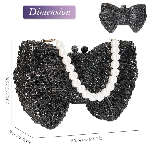 Image of Handmade Inlay Rhinestone Bow Clutch Bag for Women, Sparkling Evening Party Wedding Purse with Detachable Pearl Chain