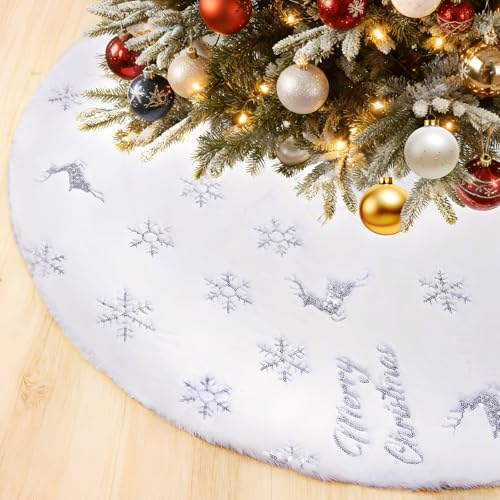 SKYYUE Weihnachtsbaumdecke Rund, 115cm Weihnachtsbaumrock mit Silber...