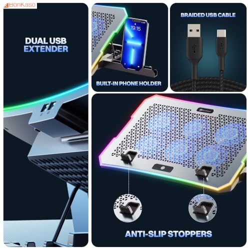 Image of Bonkaso Laptop Cooling Pad with 6 High-Speed Fans, Up to 2400 RPM, 10 RGB Modes, Fan Speed Dial, 4-Level Adjustable Stand, Dual USB Extender, Phone Holder, Iron Mesh, Anti-Slip Stoppers