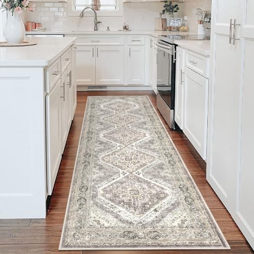KUTA Vintage Washable Kitchen Runner 3x8, Non Skid Washable 8 ft Hallway Runners Ivory Grey Yellow, Soft Printed Oriental Carpet Rugs for Entryway Indoor Dining Room Bedroom Living Room Décor