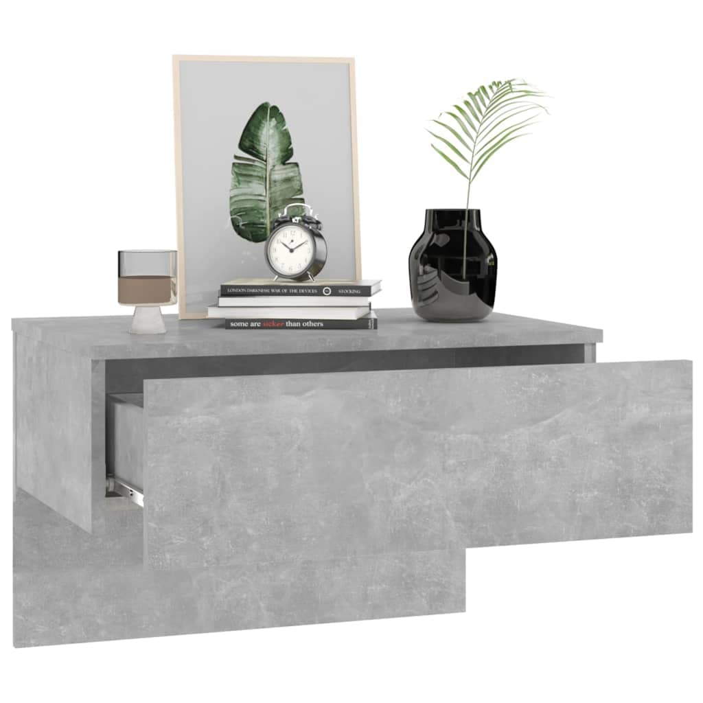 Comodino da parete grigio cemento in legno 60 x 40 x 40 cm, tavolino sospeso con vano portaoggetti, ripiano e cassetto, console moderna per camera da letto, cameretta dei bambini