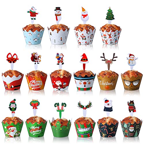 64 Pieces Christmas Cupcake Toppers Cupcake Wrappers Kit Christmas Cupcake Liners with Cupcake Picks Xmas Cupcake Decoration with Santa Claus Snowman Reindeer Christmas Tree for Christmas Party Supply