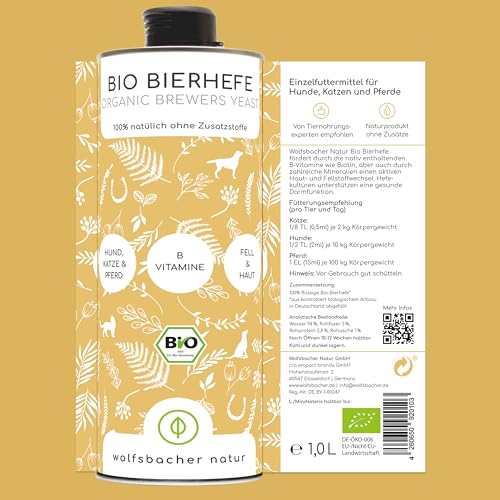 Bio-Bierhefe für Hunde und Katzen | 1 Liter flüssige Bierhefe | 100% Bio zur Haut- und Fellpflege, Futterergänzung mit Vitamin B, reich an Mineralien & Spurenelementen, DE-ÖKO-060