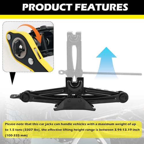 Image of Scissor Jack for Car with Ratchet Wrench,1.5T (3307lbs) Capacity Scissor Car Jack Kit for Lifting Light Vehicles,Heavy Duty Vehicle Accessories Tire Jacks Lifting Range of 3.94-13.19 inch