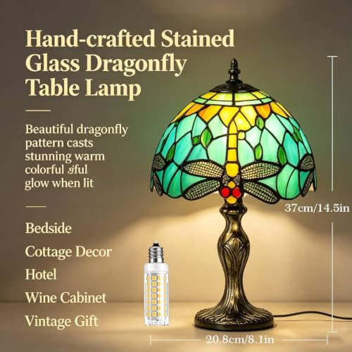 Image of 8'' Stained Glass Table Lamp, Vintage Desk Bedside Night Light