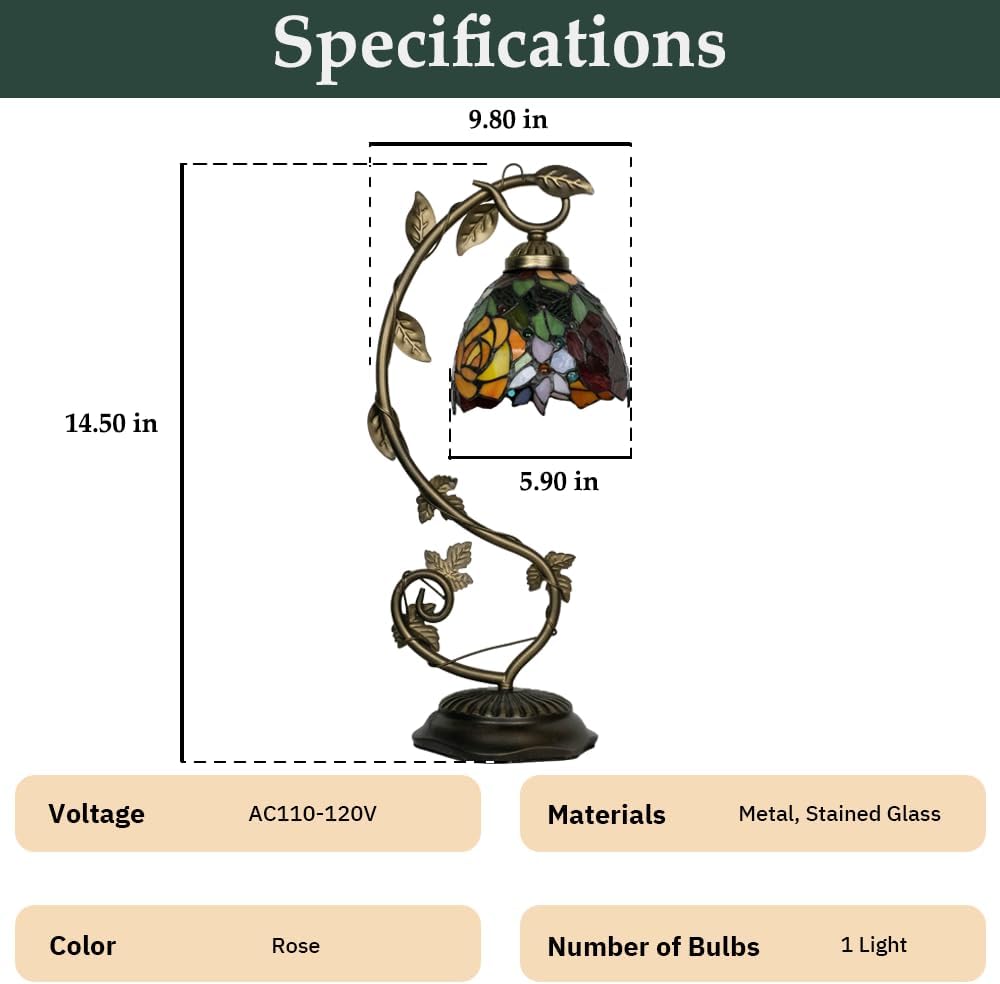 Skyblaze Tiffany Style Table Lamp with Metal Leaf, Stained Glass Desk Lamp, Vintage Night Light, Art Deco Reading Light with Handmade Lampshade for Nightstand Living Room (Rose)