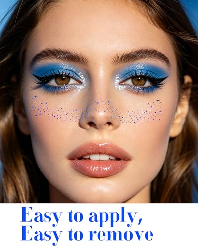 Image of XICZH Face Glitter, Temporary Face Tattoos, Face Body Glitter Makeup Patches for Women Girls, Country Concerts Singer Festival Rave Accessories (Blue)