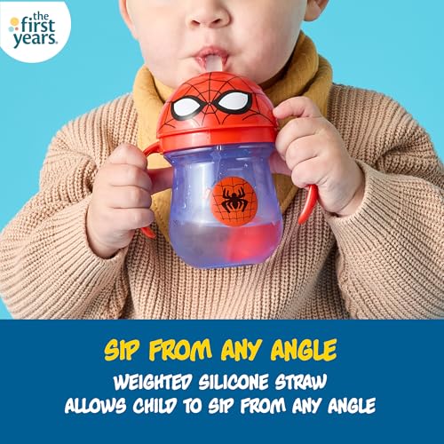 Image of The First Years Spidey and his Amazing Friends Weighted Straw Cup - Spill-Proof Spider-Man Toddler Cup with Flip-Top Cover - Dishwasher Safe - 7 Oz - Ages 6 Months and Up (Pack of 12)