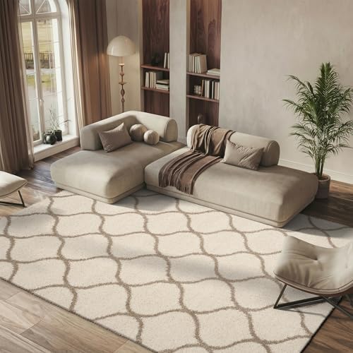 SAFAVIEH Hudson Shag Collection Area Rug - 8' x 10', Ivory & Beige, Moroccan Ogee Trellis Design, Non-Shedding & Easy Care, 2-inch Thick Ideal for High Traffic Areas in Living Room, Bedroom (SGH280D)