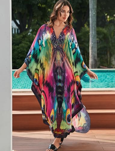 Image of KECVOT Kaftan Dresses for Women Plus Size Batwing Sleeve Caftans Long Bathing Suit Cover Up Maxi Beach Dress Loungewear