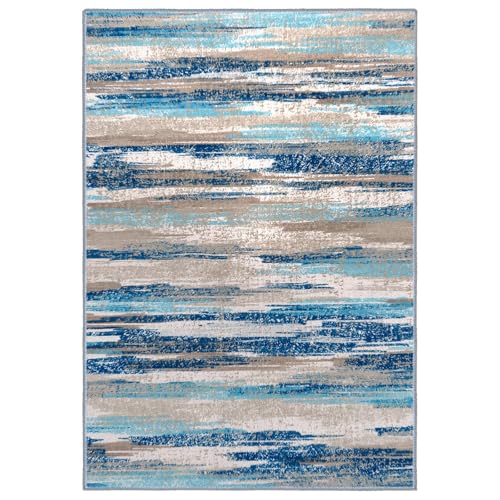 Lansny Modern Abstract 8x10 Large Machine Washable Living Room Rug Non-Slip Soft Bedroom Area Rug Blue Ultra Thin Print Faux Wool Carpet Throw Rugs for Nursery Playroom Dining Room Indoor Office - Image 9