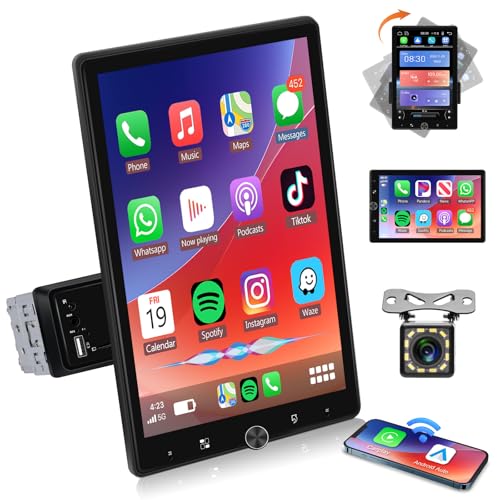 10.4' Single Din Touchscreen Car Stereo with Wireless Carplay& Android Auto, Adjustable Car Radio with Bluetooth, Mirror Link, FM Radio, Subwoofer, SWC, Backup Camera