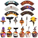 OUDQFCJ 48 Piezas Toppers para Cupcakes de Halloween, Decoración de Papel con Murciélagos y Calabazas, Ideal para Fiestas de Halloween o Cumpleaños