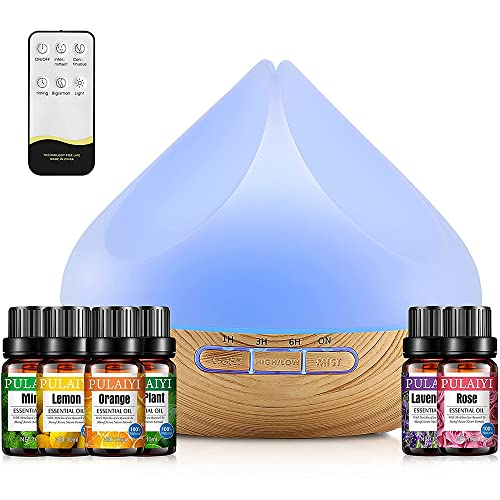 Essential Oil Diffuser, 500ml Aromatherapy Diffuser with 6 Essential Oils Gift Set, Aroma Oils Diffuser Humidifier with 14 Color Lights, 4 Timer Setting, Auto Shut-Off