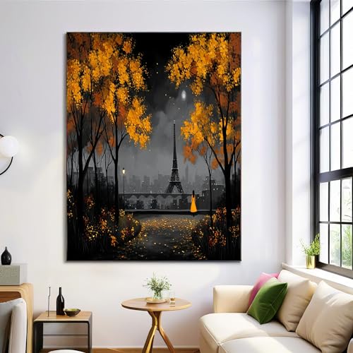 Affiche Tour Eiffel de nuit automne orange toile 70x100 cm