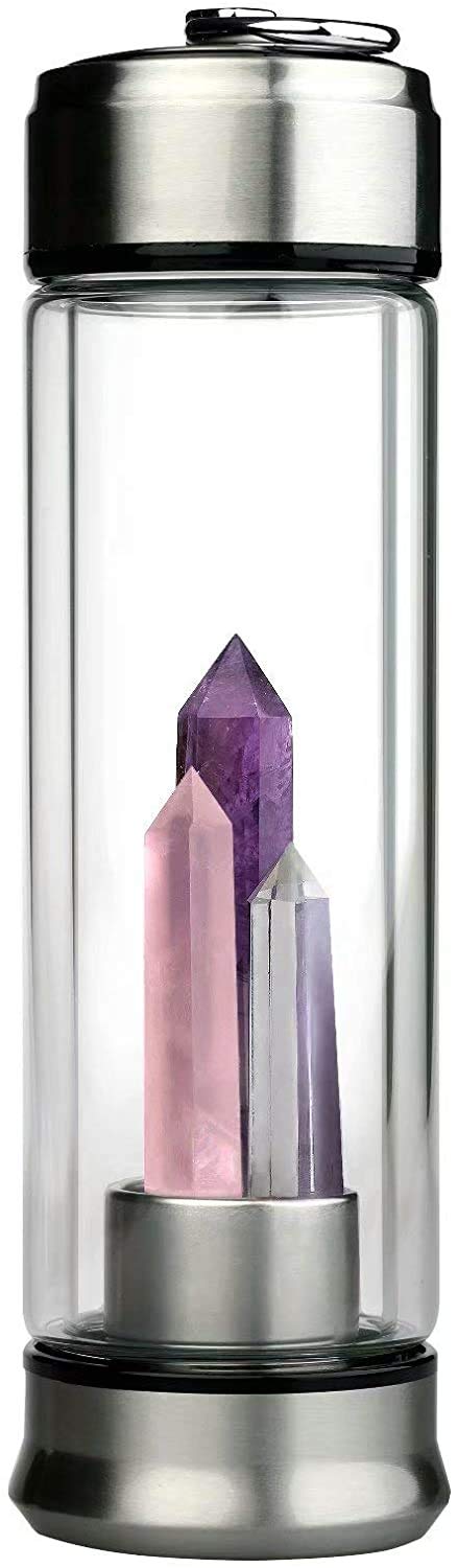Natural Cristal Botella de Agua,Botella de Cristal con Gemas de Cristal,Vidrio Doble con decoración de Gemas de Cubierta de Acero Inoxidable,Botella de Agua inversa de Viaje de Yoga Regalo