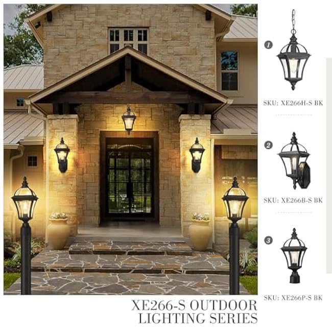 Emliviar Modern Outdoor Hanging Porch Light 15.8 Black Pendant Lantern XE266H-S BK