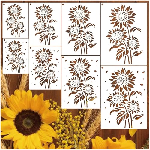 Image of Wildflower Stencils for Painting on Wood, Vine Cherry Blossom Bird Tree Leaf Stencils for Crafts Reusable Wood Burning Drawing Art Paint and Patterns for Wall Cake Cookie (13 Spring A5) (Sun flower)