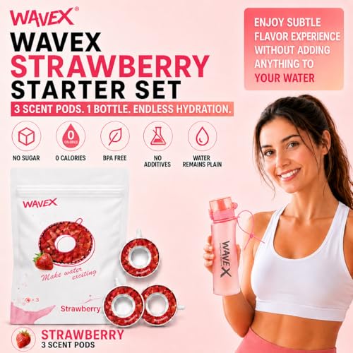 Image of WaveX Scented Water Bottle, Includes 3 Strawberry Scent Pods, BPA Free, Flip Top Leak-Proof Lid, Straw & Carry Strap Included, Subtle Flavor Experience, No Sugar or Calories, (Soft Rose Pink)