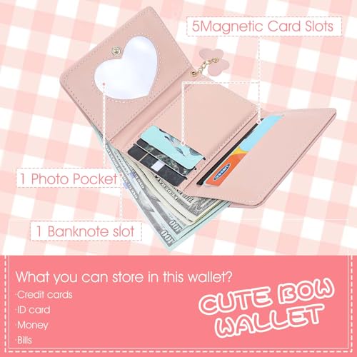 Cute Bow Wallet Woman Kawaii Coquette Wallet for Girls Small Womens Wallet Card Holder for Women Pink PU Leather with Golden Bow, Gift for Fashionable Ladies2