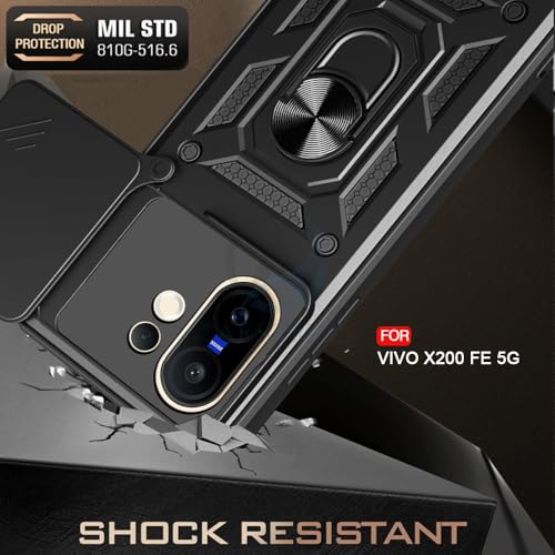 Image of AESTMO Tough Armor Vivo X200 FE 5G Bumper Back Case Cover | Ring Holder & Sliding Camera Shield Cover | 360 Degree Protection Back Case Cover for Vivo X200 FE 5G (Black)